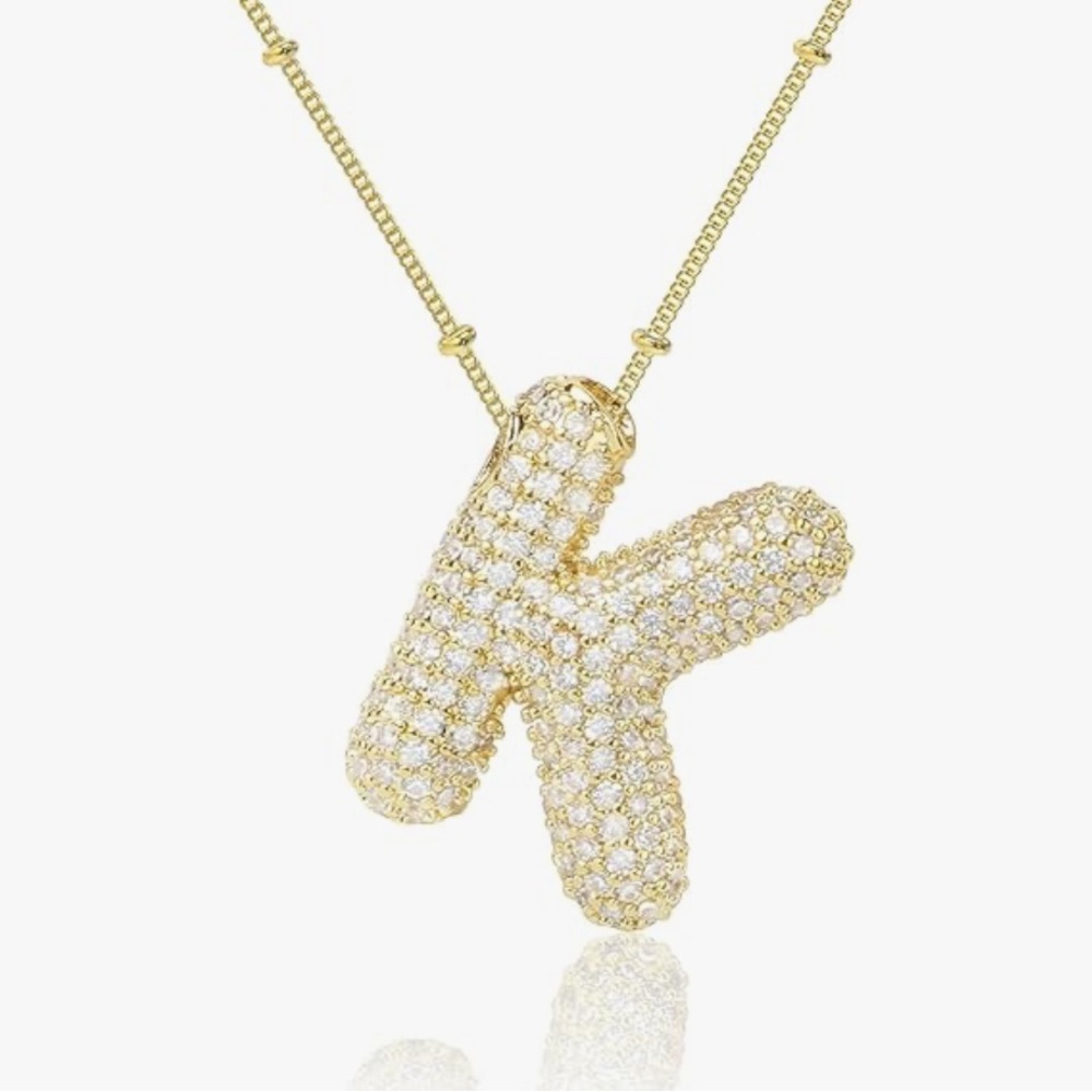 K Initial 18K Gold Plated Balloon Pendant with Cubic Zirconia with Box